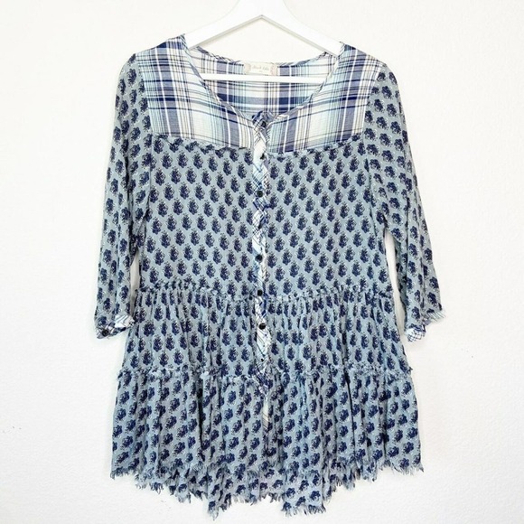 Altar'd State Frayed Tiered Plaid Floral Blouse - Picture 1 of 9